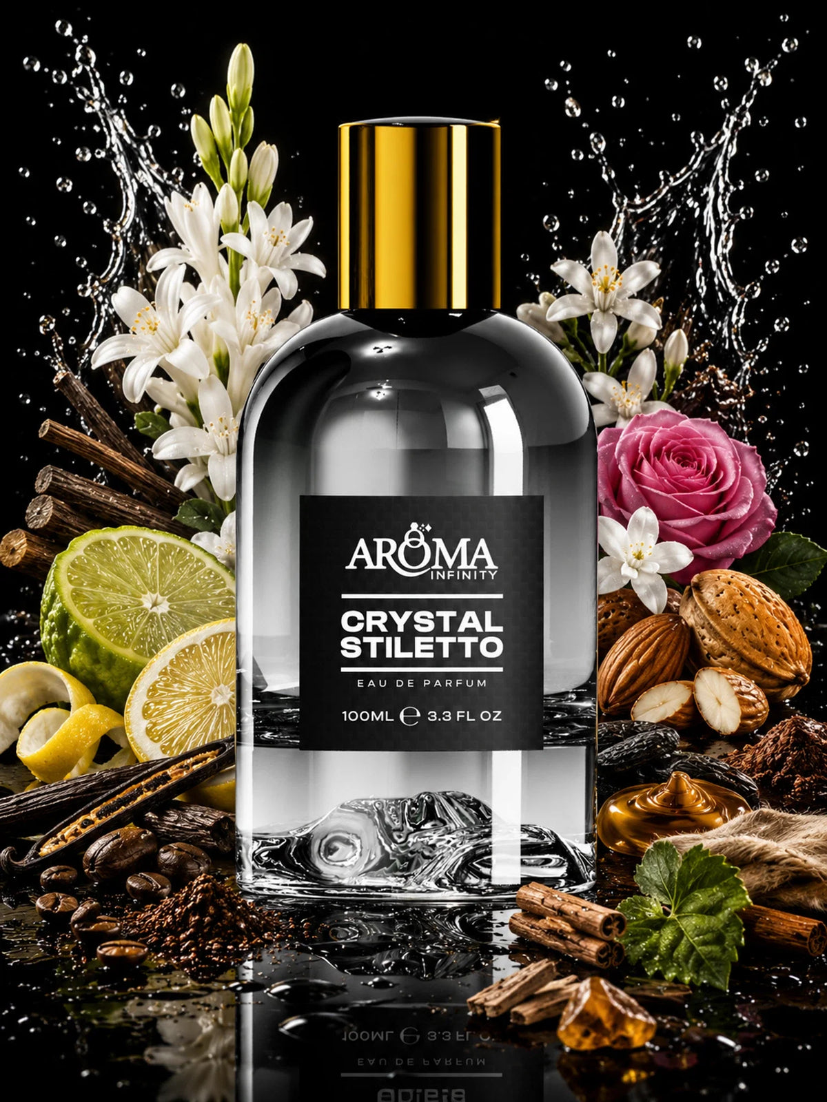 Infinity Aroma Crystal Stiletto perfume campaign with Almond, Coffee, Bergamot, Lemon and Tuberose, Jasmine Sambac, Orange Blossom, Bulgarian Rose, Orris and Tonka Bean, Cacao, Vanilla, Praline, Sandalwood, Musk, Amber, Cashmere Wood, Patchouli, Cinnamon, Cedar