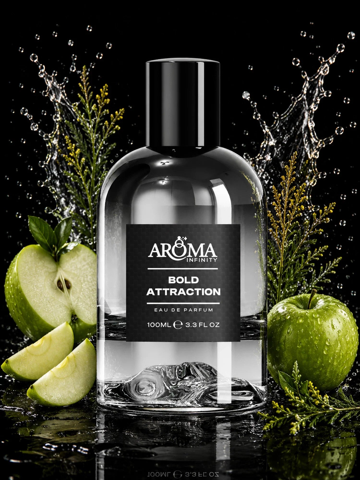 Infinity Aroma Bold Attraction fragrance campaign with green apples and water
